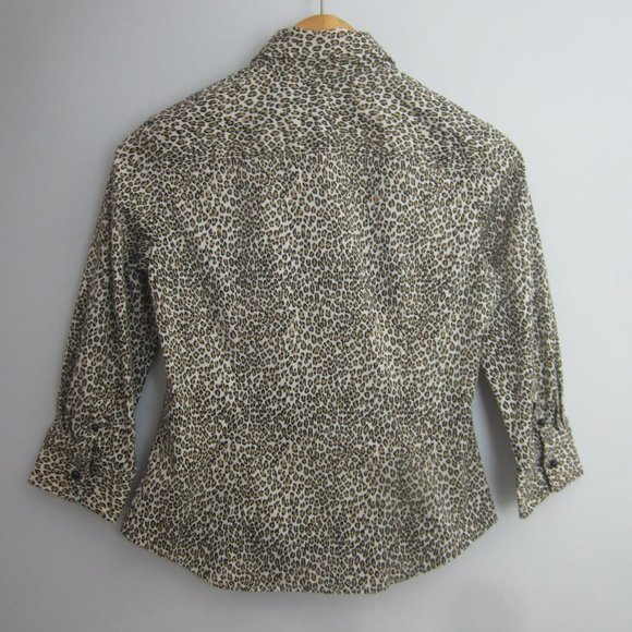 Talbots Womens 6 Petite 6P Brown White Leopard Animal Print Cotton Blouse Shirt - Picture 2 of 11